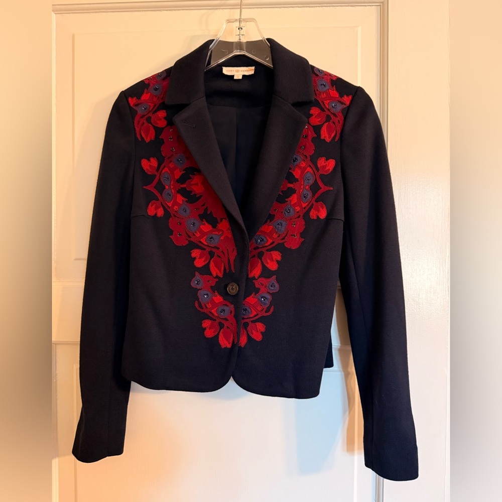 Last chance-Tory Burch Navy Blazer with Red Embroidery